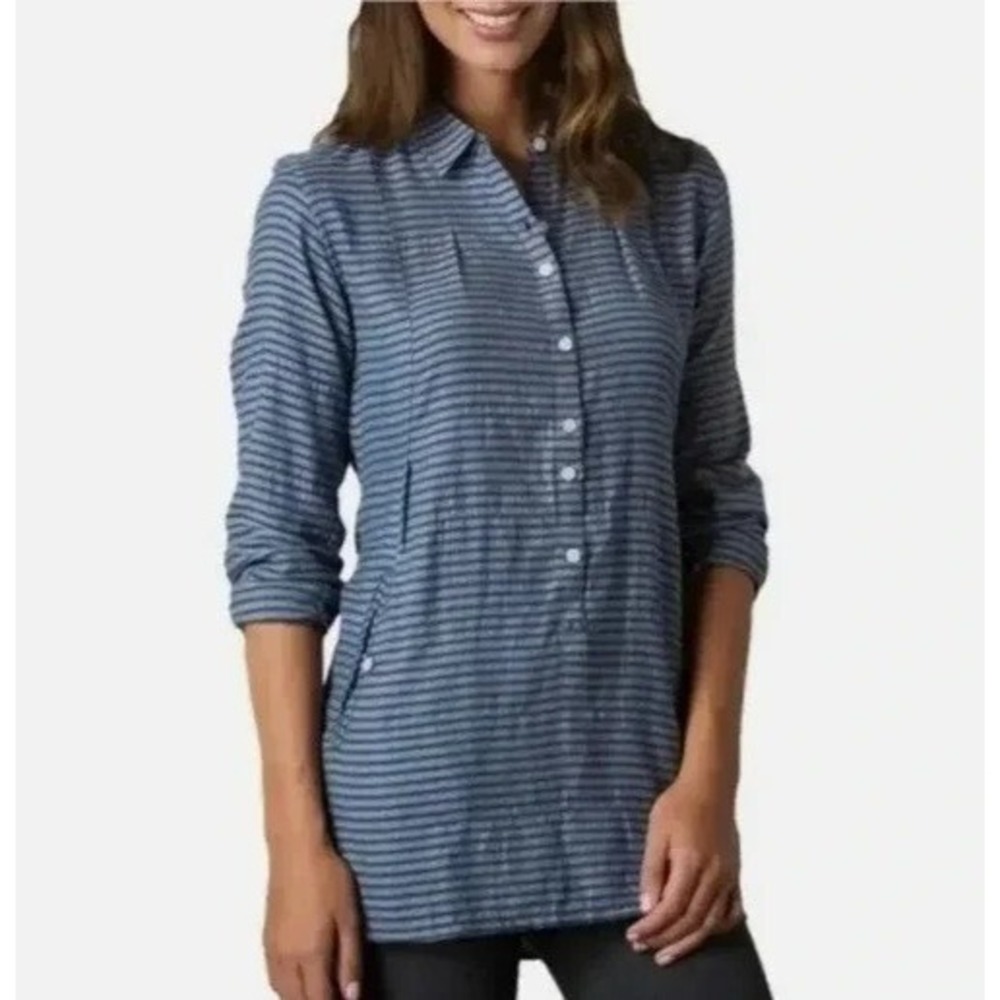 Toad & Co Mixologist Chambray Cotton Gauze Button Tunic‎ Shirt Top Pockets Sz Lg